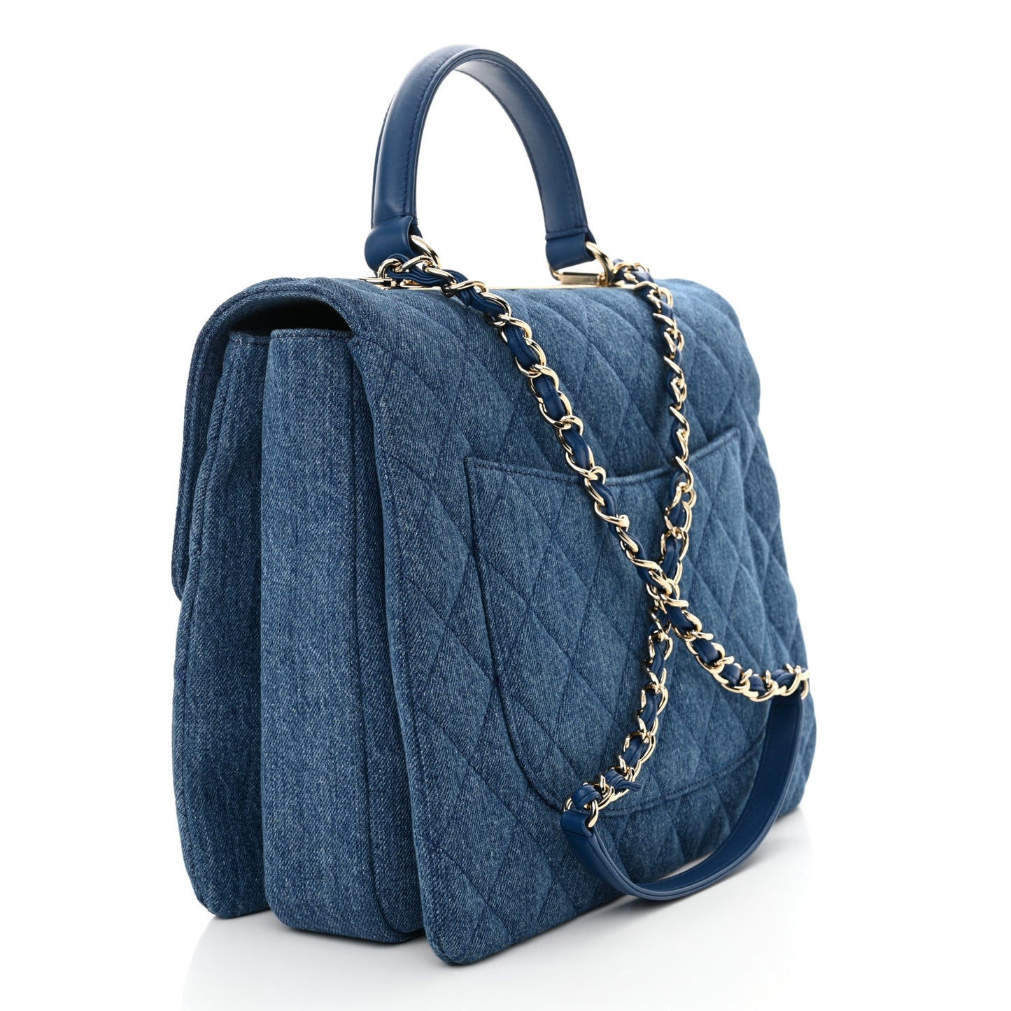 Denim Quilted Large Trendy CC Flap Dual Handle Bag Blue