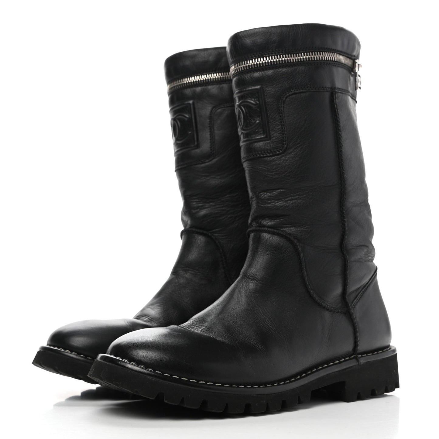 Calfskin Motorcycle Zipper Boots 38.5 Black