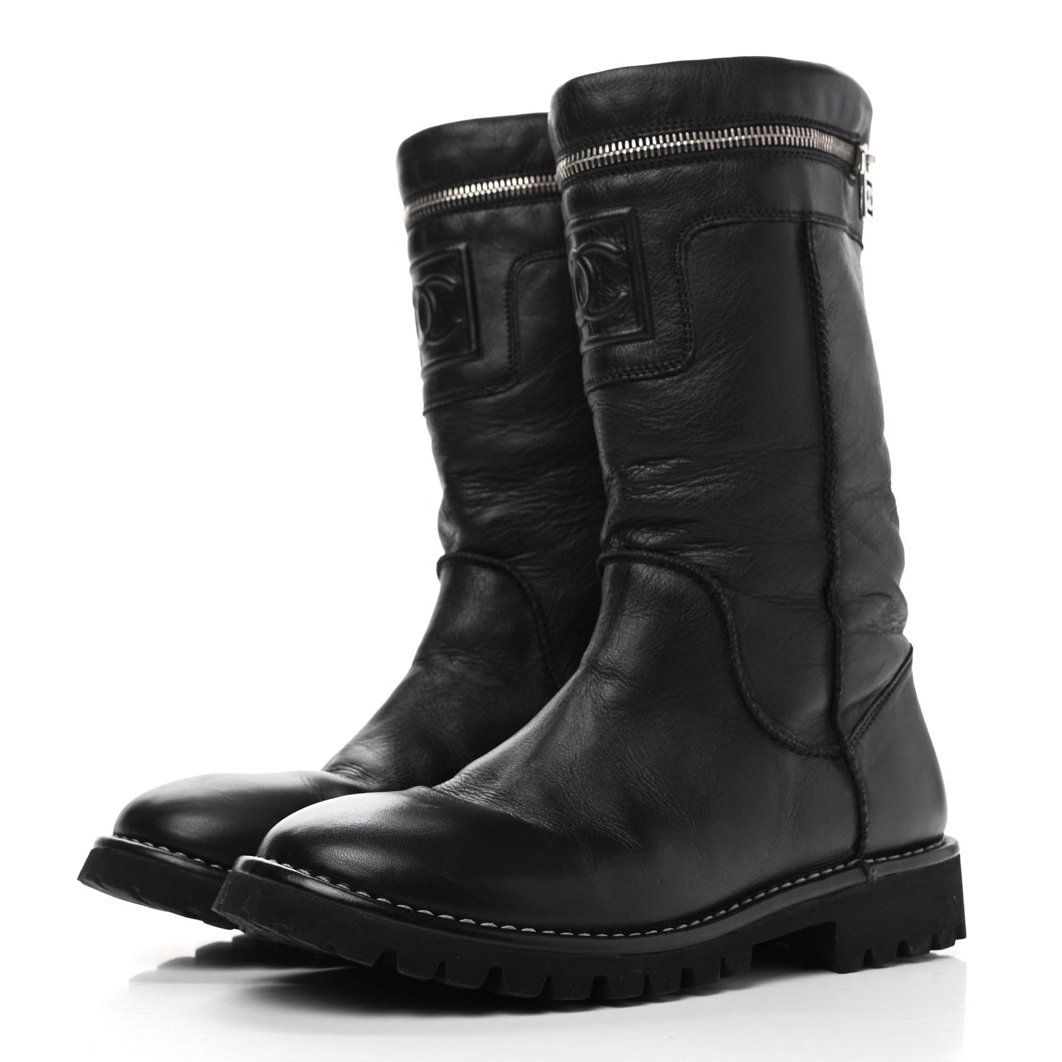 Chanel Calfskin Motorcycle Zipper Boots 38.5 Black 3 of 8