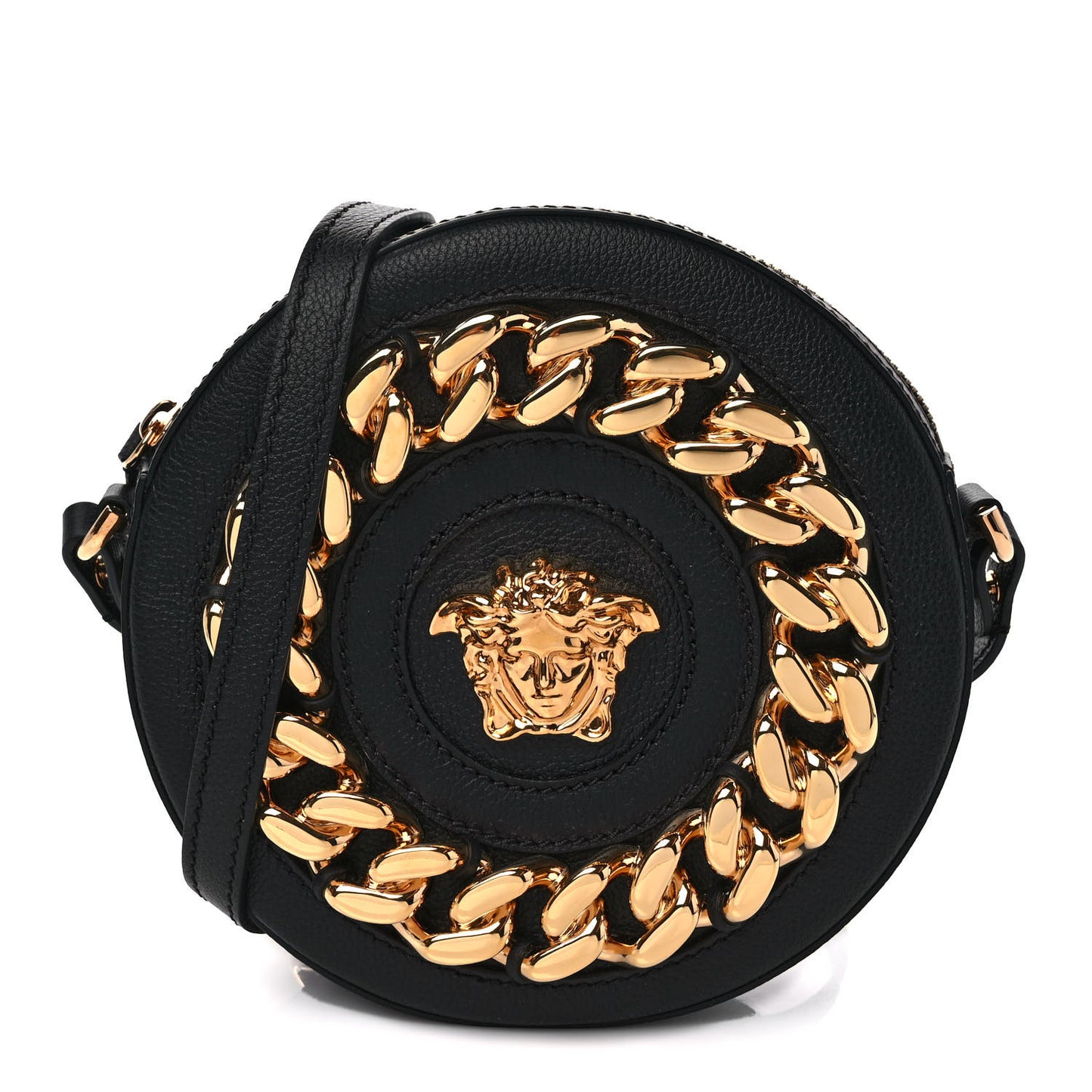 Calfskin Mini La Medusa Chain Round Crossbody Bag Black