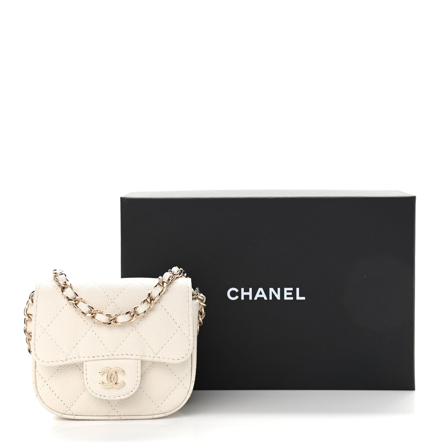 Caviar Quilted Mini Clutch With Chain White