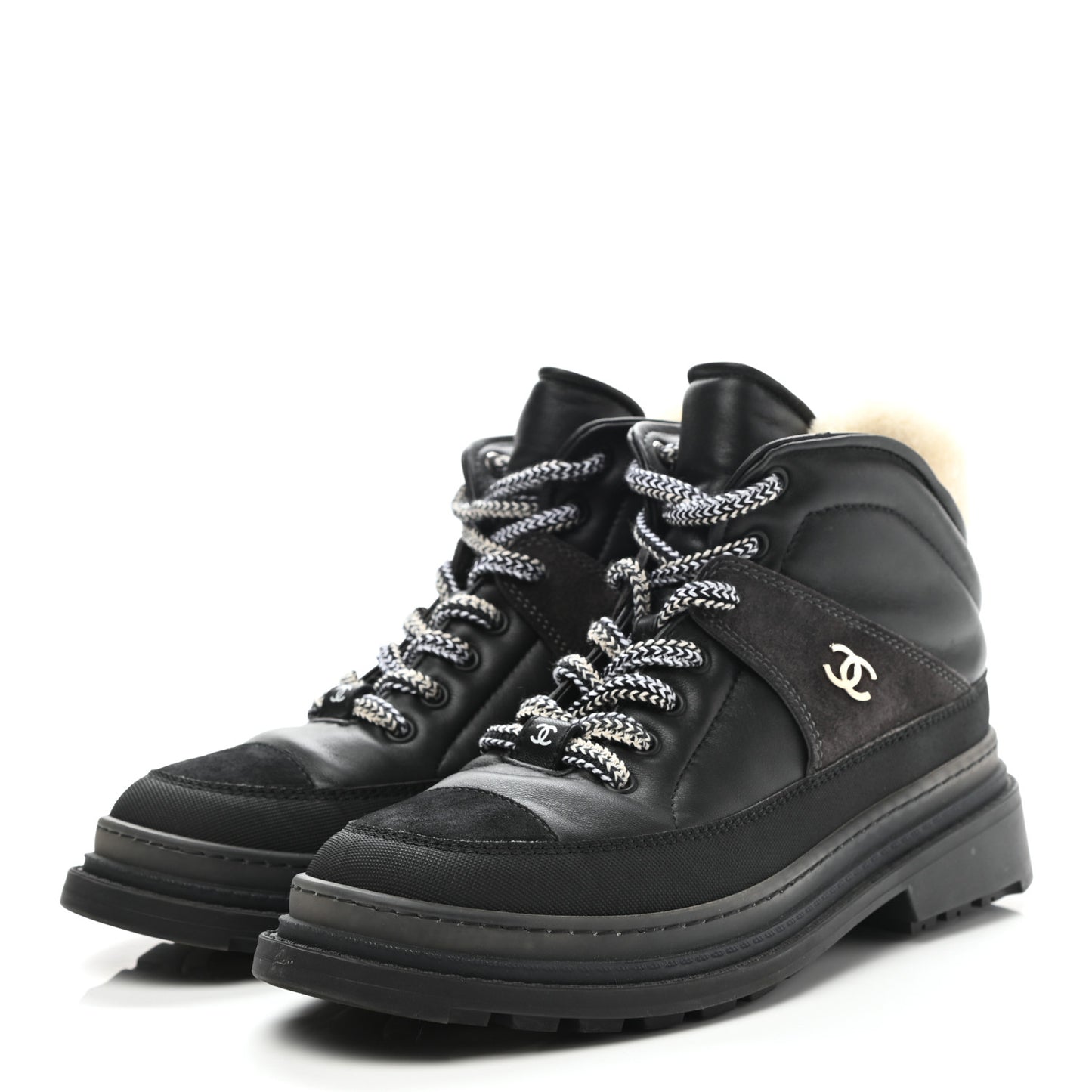 Lambskin Shearling Suede CC High Lace Up Boots 38 Black