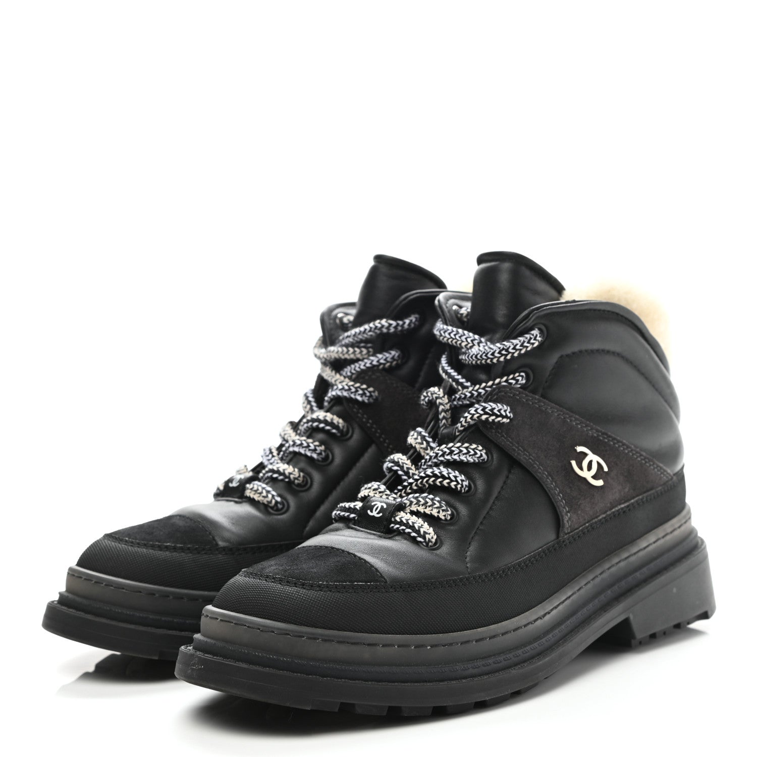 Chanel Lambskin Shearling Suede CC High Lace Up Boots 38 Black 3 of 10