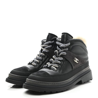Chanel Lambskin Shearling Suede CC High Lace Up Boots 38 Black 3 of 10