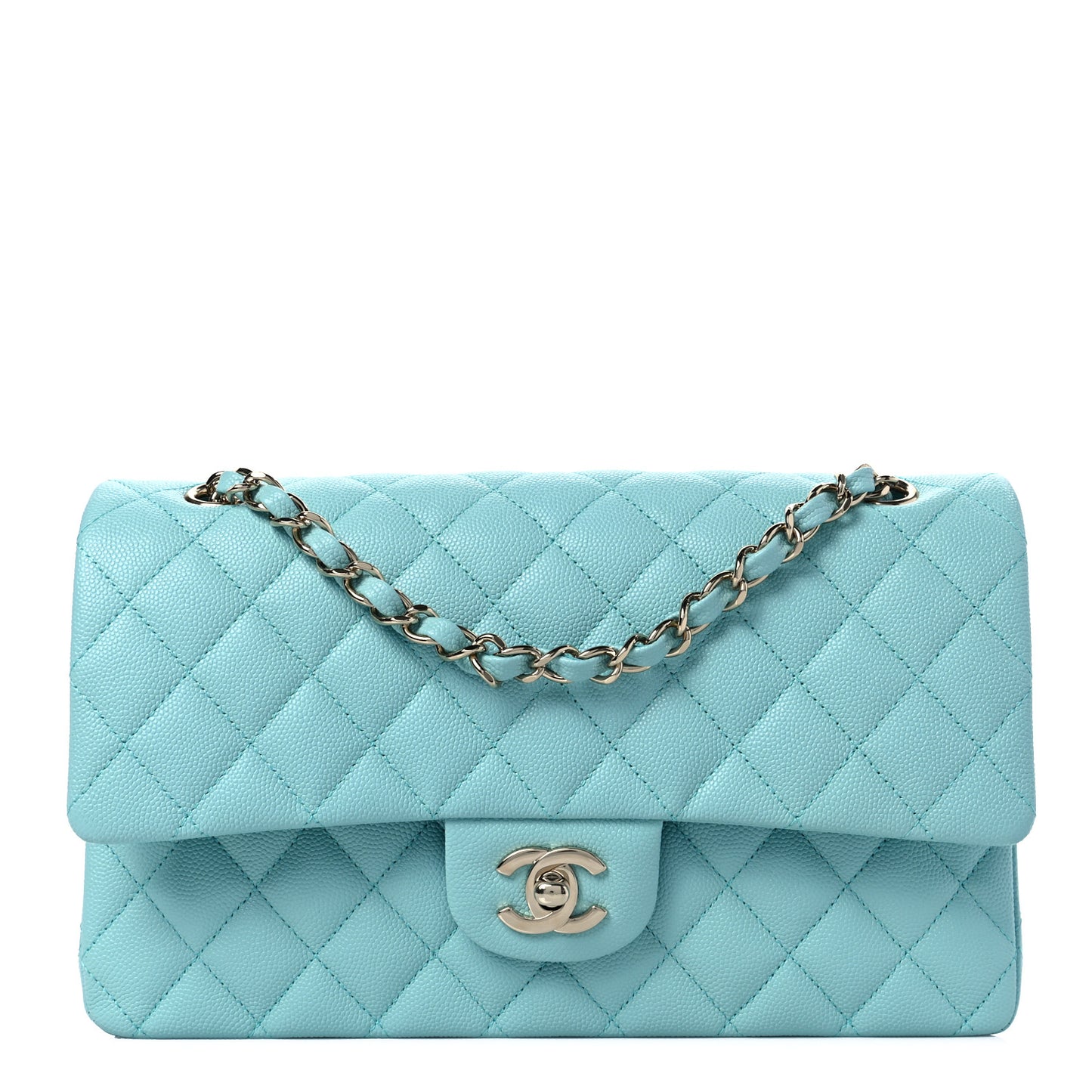 Caviar Quilted Medium Double Flap Light Blue