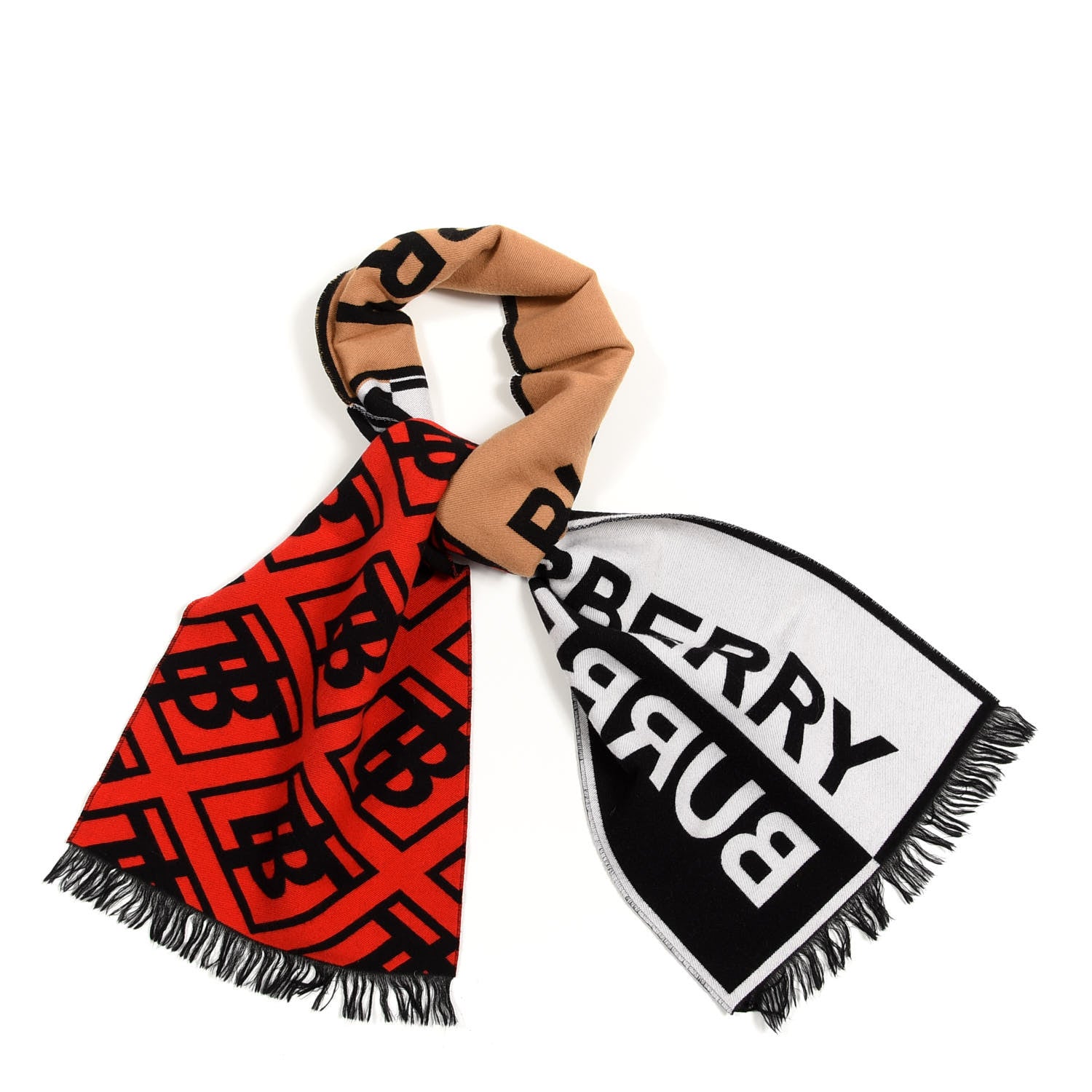 Burberry Silk Wool Contrast Logo Striped Scarf Red Beige 1 of 4