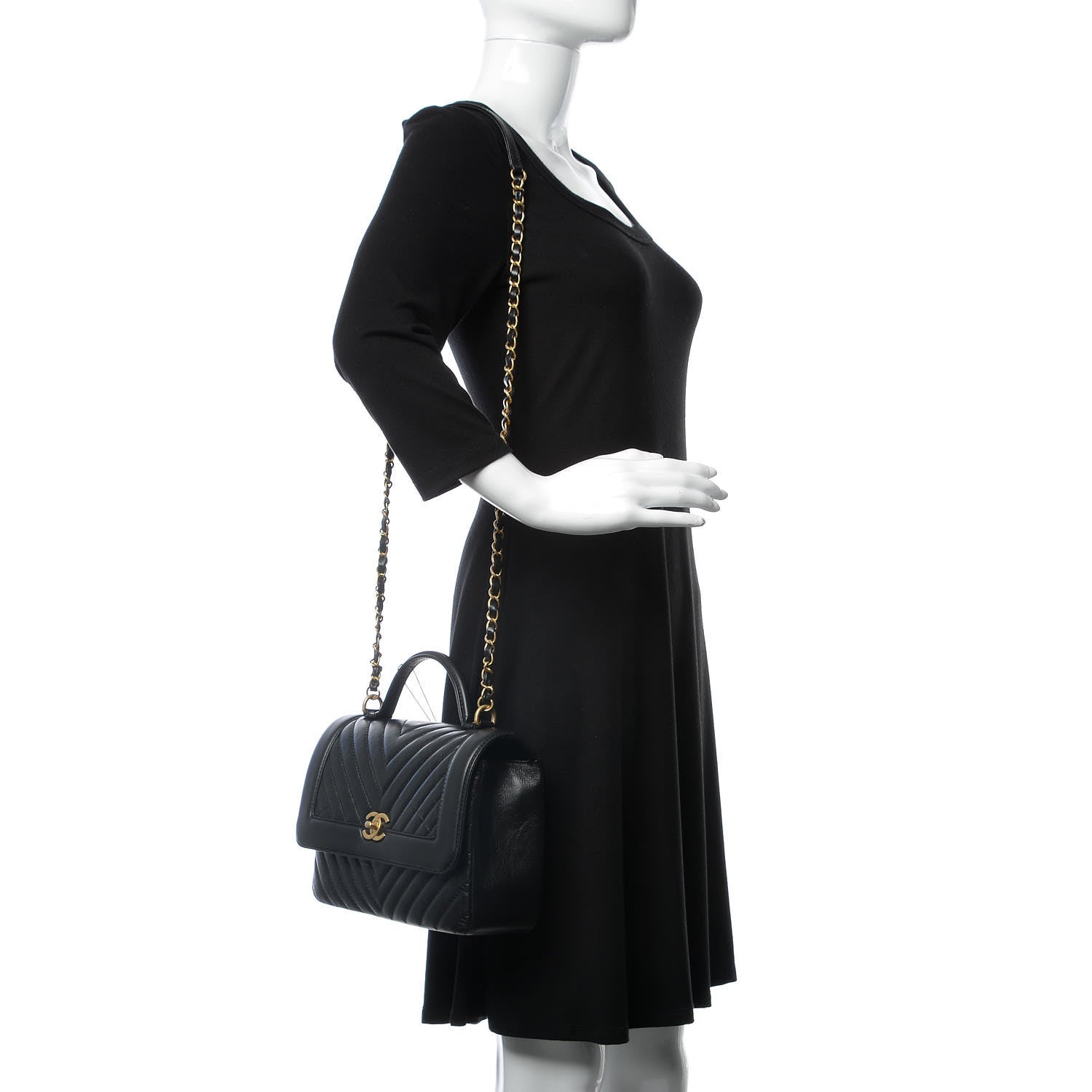 Chanel Calfskin Chevron Quilted Top Handle Flap Black 2 of 9