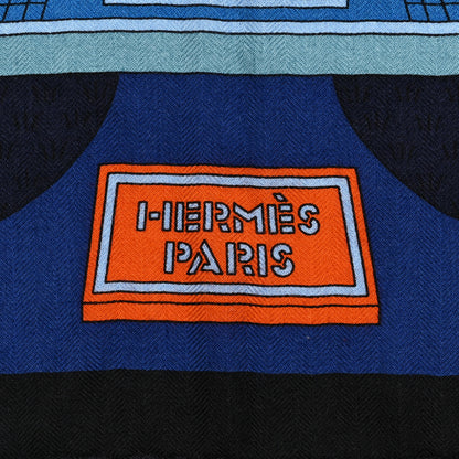 Hermes Cashmere Silk La Maison des Carres Shawl 140 Bleu Nuit Ciel Orange 2 of 5