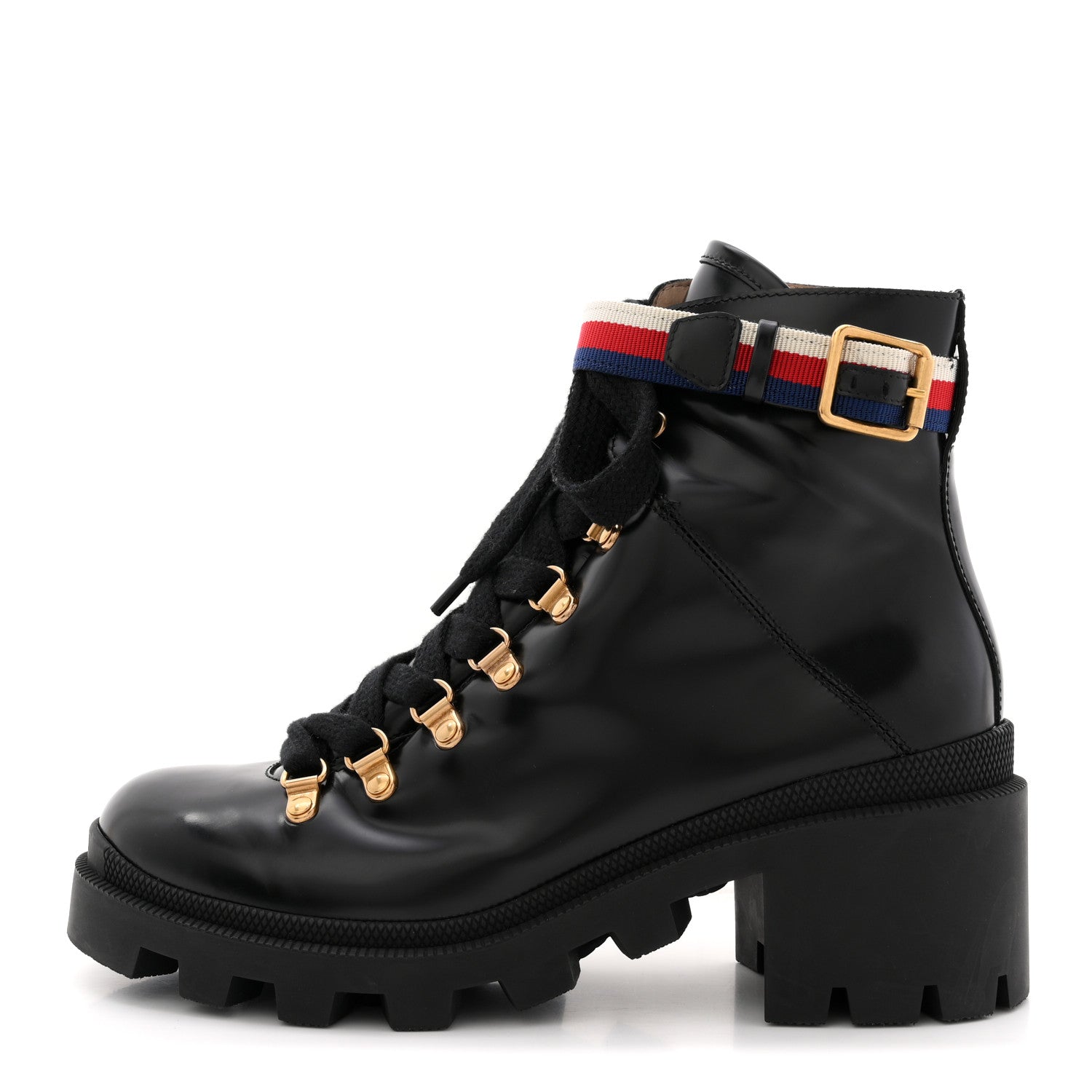Gucci Calfskin Sylvie Web Womens Lace Up Combat Boots 38 Black 1 of 11