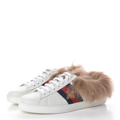 Gucci Calfskin Wool Web Bee Embroidered Mens Ace Sneakers 8 White 3 of 9