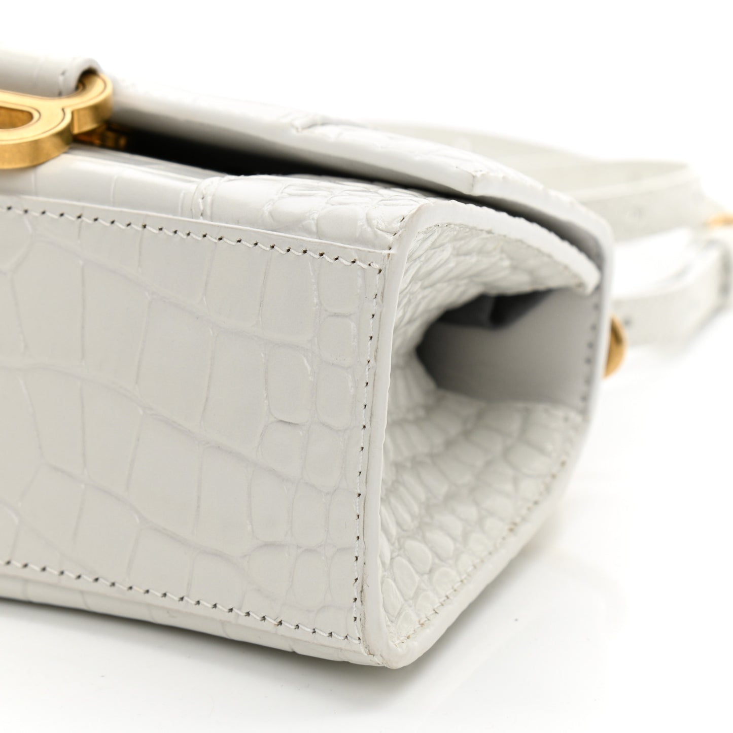 Shiny Calfskin Crocodile Embossed Hourglass Top Handle Bag XS White