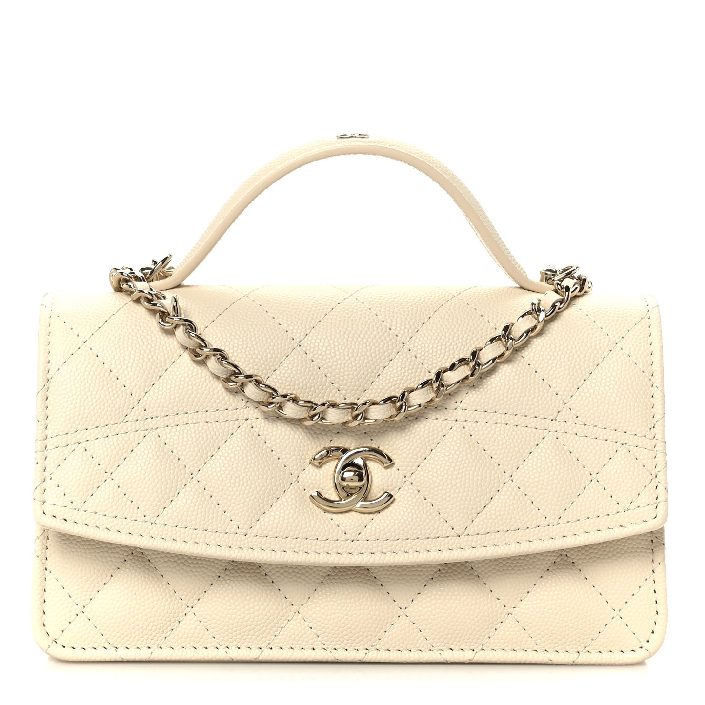Caviar Quilted Trendy Handle Clutch With Chain Ecru