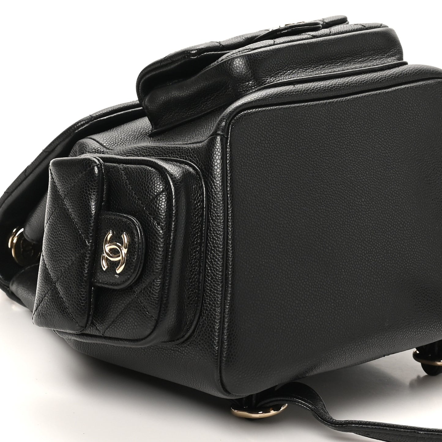 Shiny Caviar Quilted Small Pockets Drawstring Backpack Black