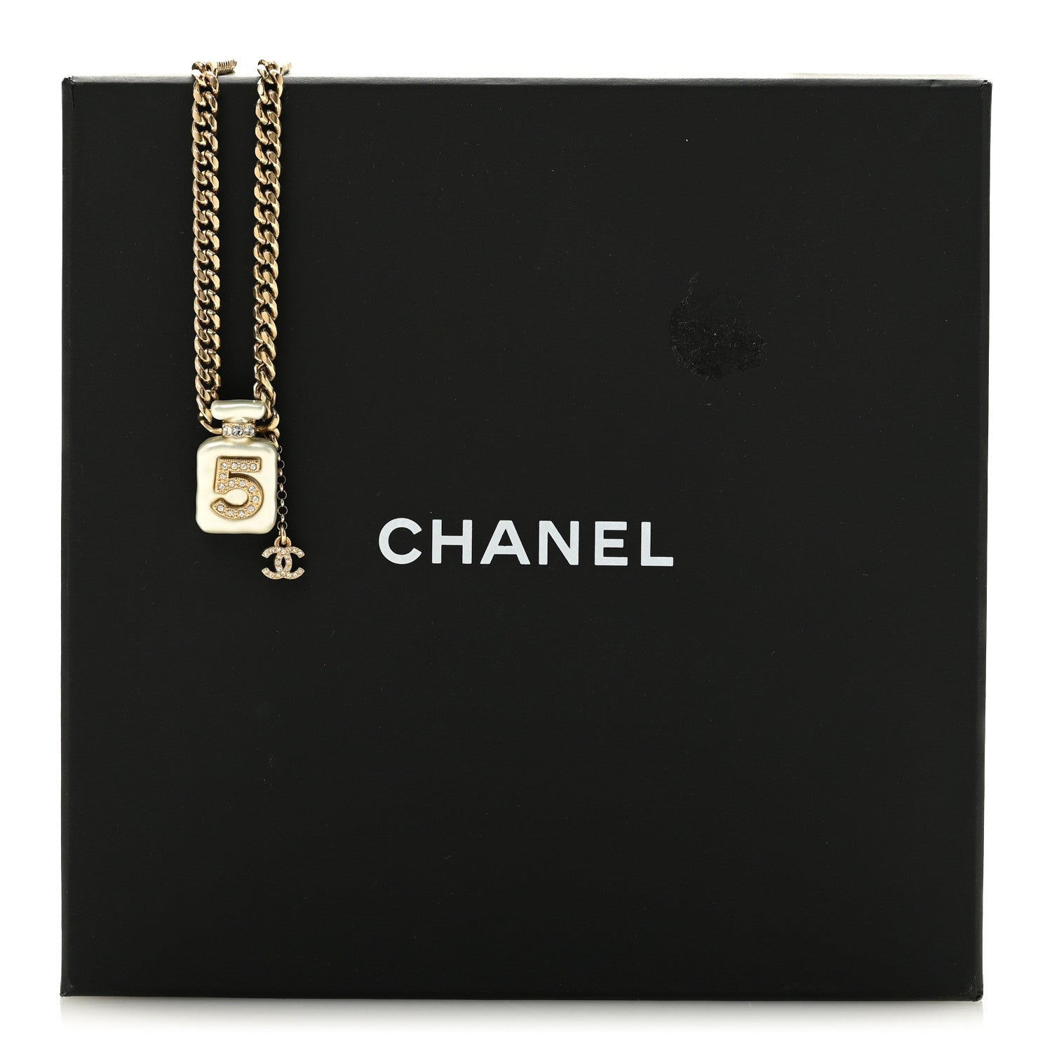 Chanel Pearl Resin Crystal CC No 5 Perfume Bottle Necklace Gold Pearly White 6 of 6