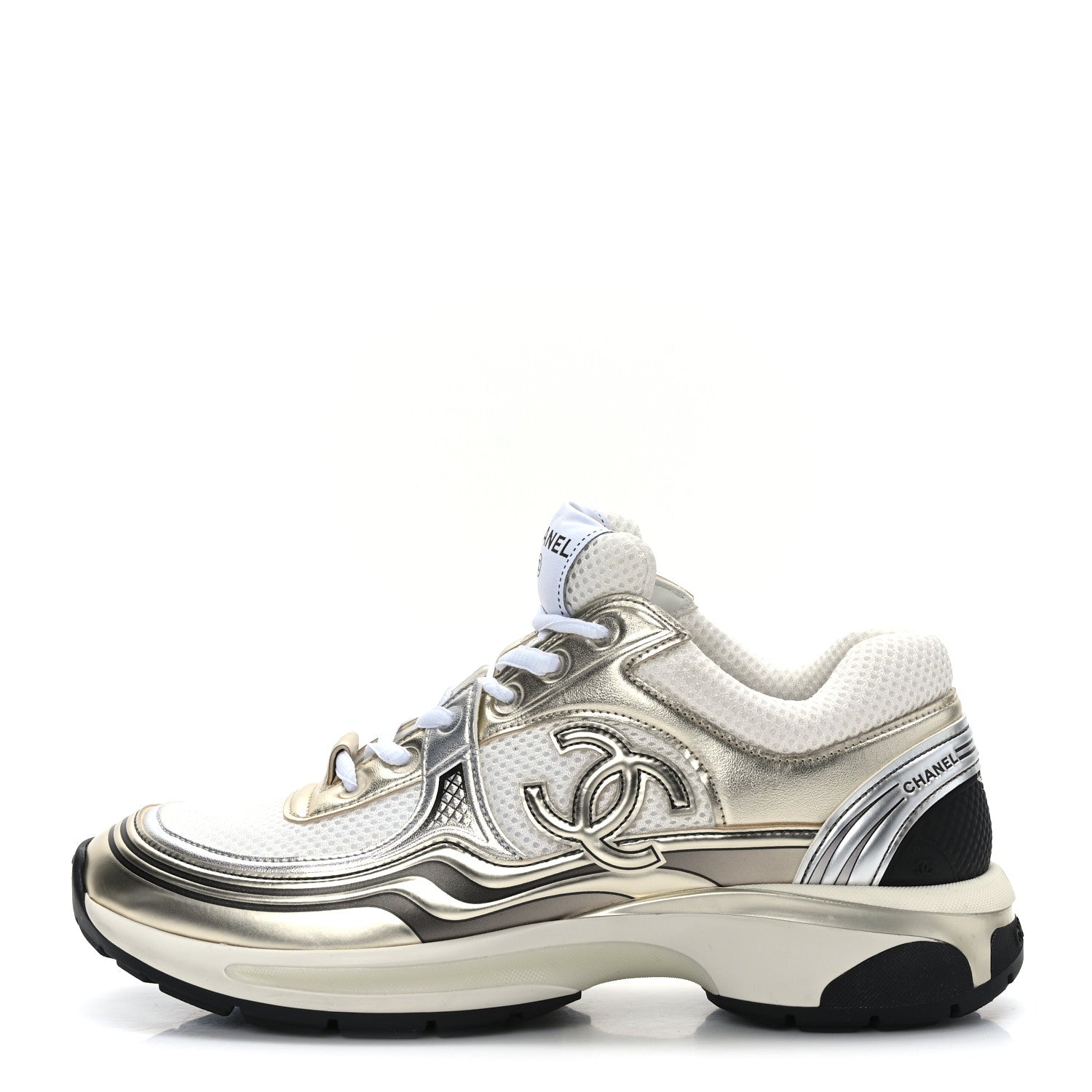 Chanel Fabric Laminated Calfskin Stretch CC Womens Sneakers 40 White Gold Silver 1 of 7