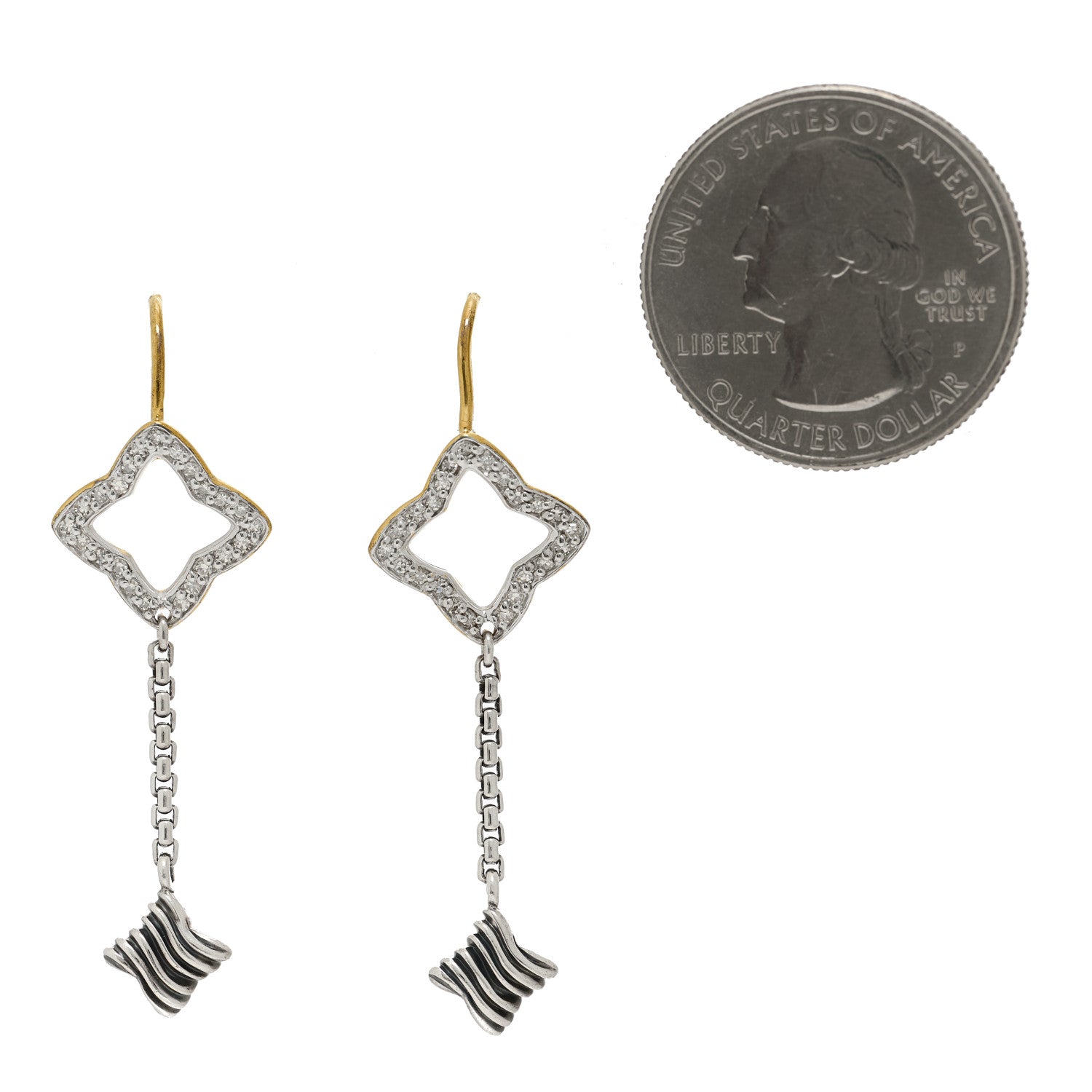David Yurman Sterling Silver 18K Yellow Gold Diamond Venetian Quatrefoil Drop Earrings 2 of 4