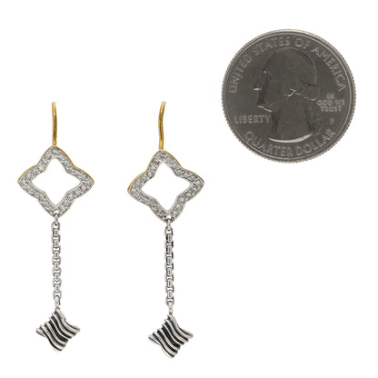 David Yurman Sterling Silver 18K Yellow Gold Diamond Venetian Quatrefoil Drop Earrings 2 of 4