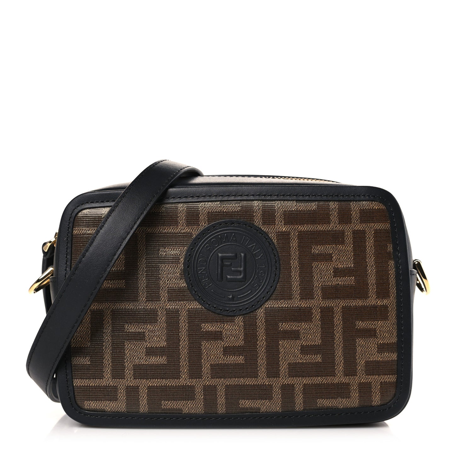 Glazed Fabric Vitello Century FF 1974 Stamp Patch Mini Camera Case Mogano Panna Black