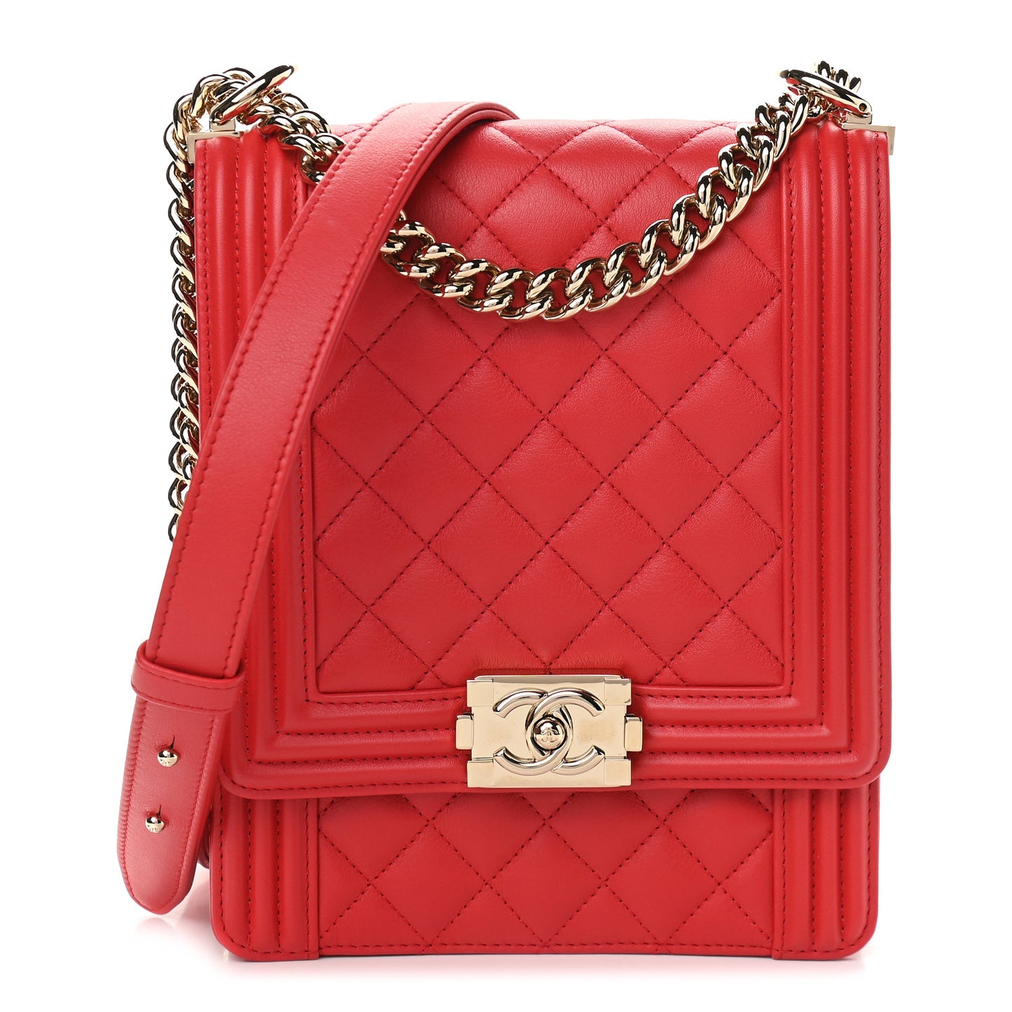 Calfskin Quilted North South Boy Flap Red