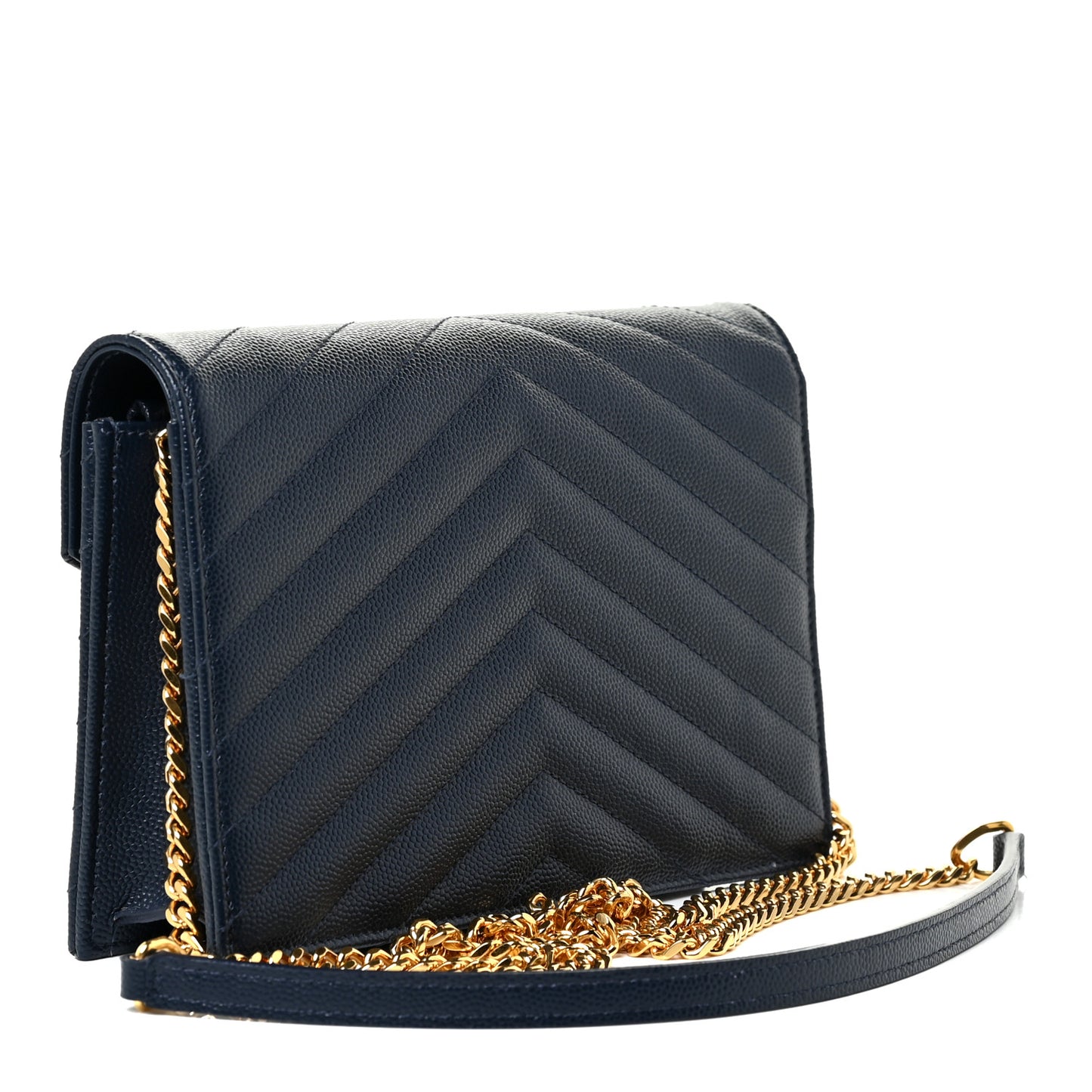 Grain De Poudre Matelasse Chevron Monogram Envelope Chain Wallet Navy