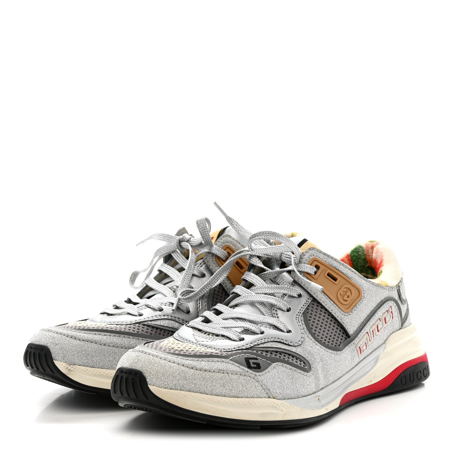 Metallic Calfskin Glitter Mesh Womens Ultrapace Sneakers 40 Silver Light Grey Mystic White