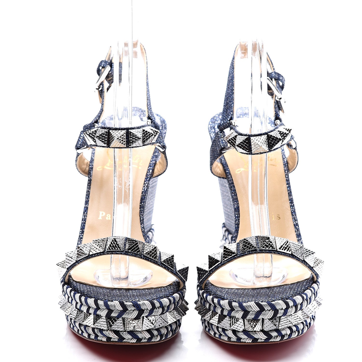 Christian Louboutin Lame Lux Pyraclou 110 Wedge Sandals 39 Denim 3 of 10