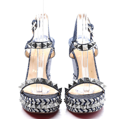 Christian Louboutin Lame Lux Pyraclou 110 Wedge Sandals 39 Denim 3 of 10