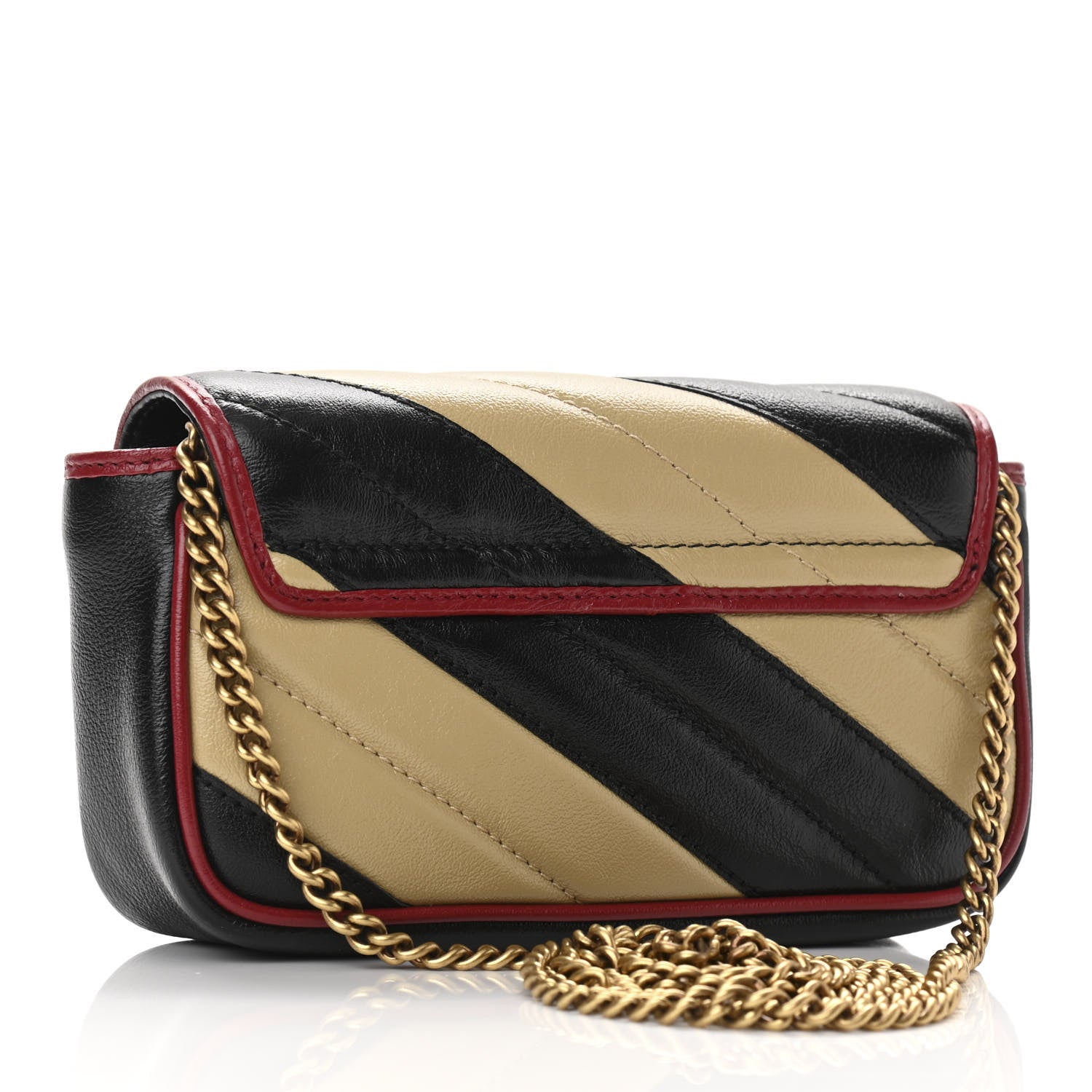 Gucci Vintage Effect Calfskin Matelasse Diagonal Striped Super Mini Torchon GG Marmont Shoulder Bag Black Beige 3 of 10