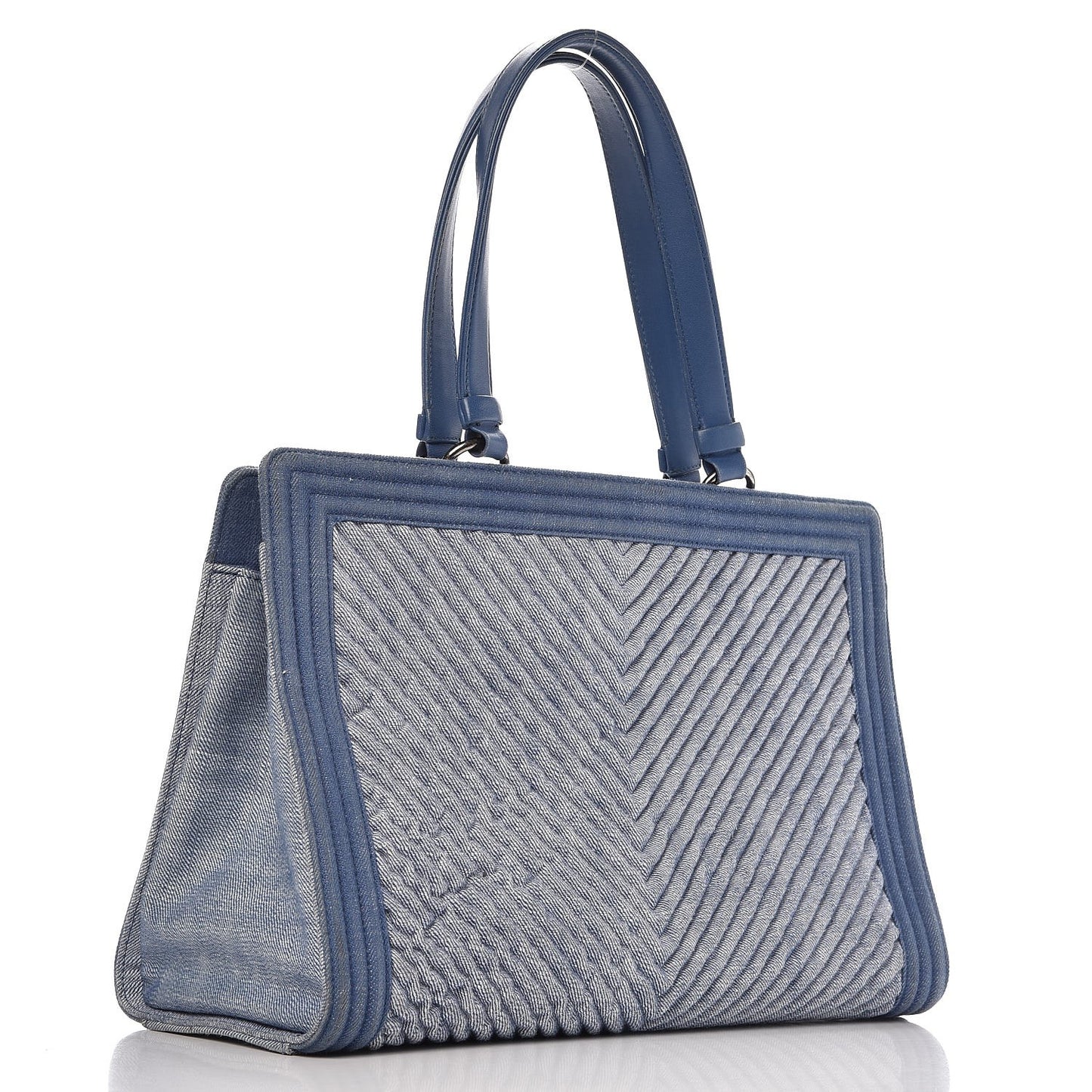 Denim Chevron Quilted Large Boy Shopping Tote Light Blue