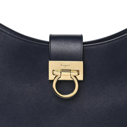Salvatore Ferragamo Hammered Calfskin Trifolio Shoulder Bag Navy 7 of 9