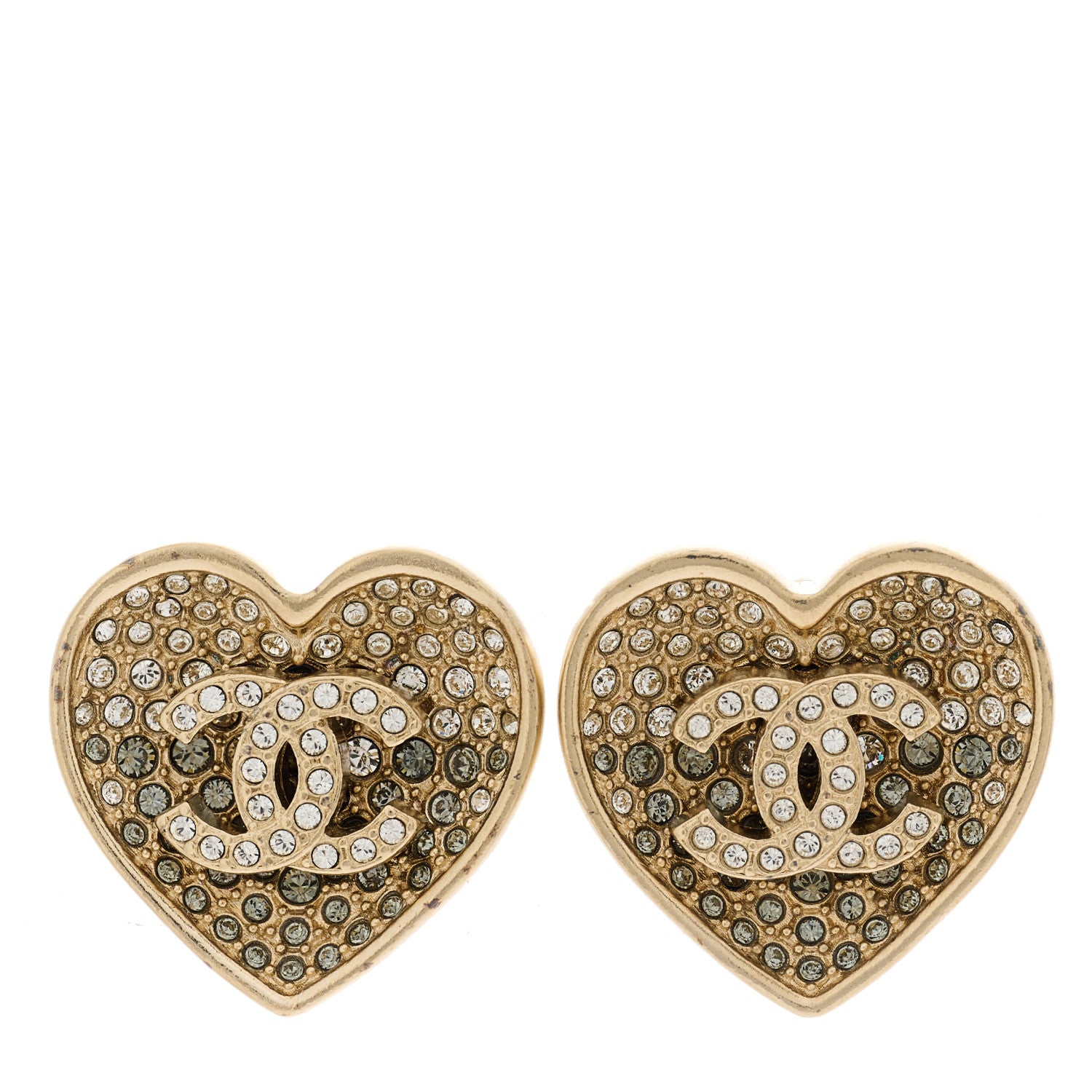 Chanel Crystal Metal CC Heart Earrings Gold 1 of 5