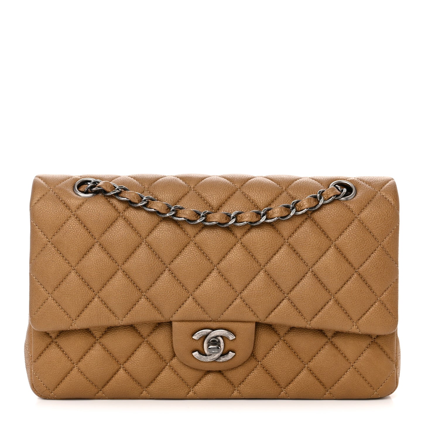 Metallic Calfskin Quilted Medium Double Flap Dark Gold