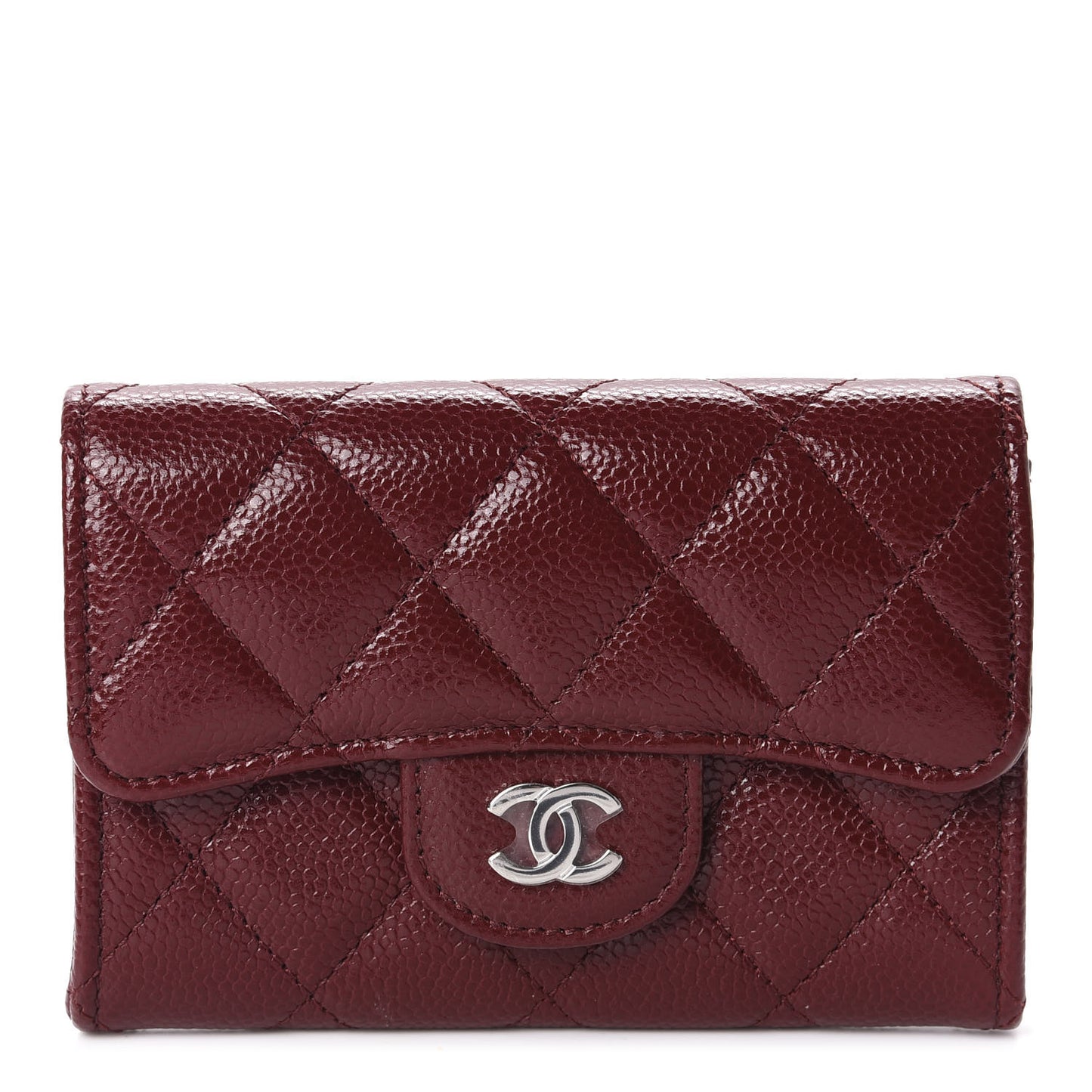 Caviar Quilted Flap Card Holder Wallet Dark Red