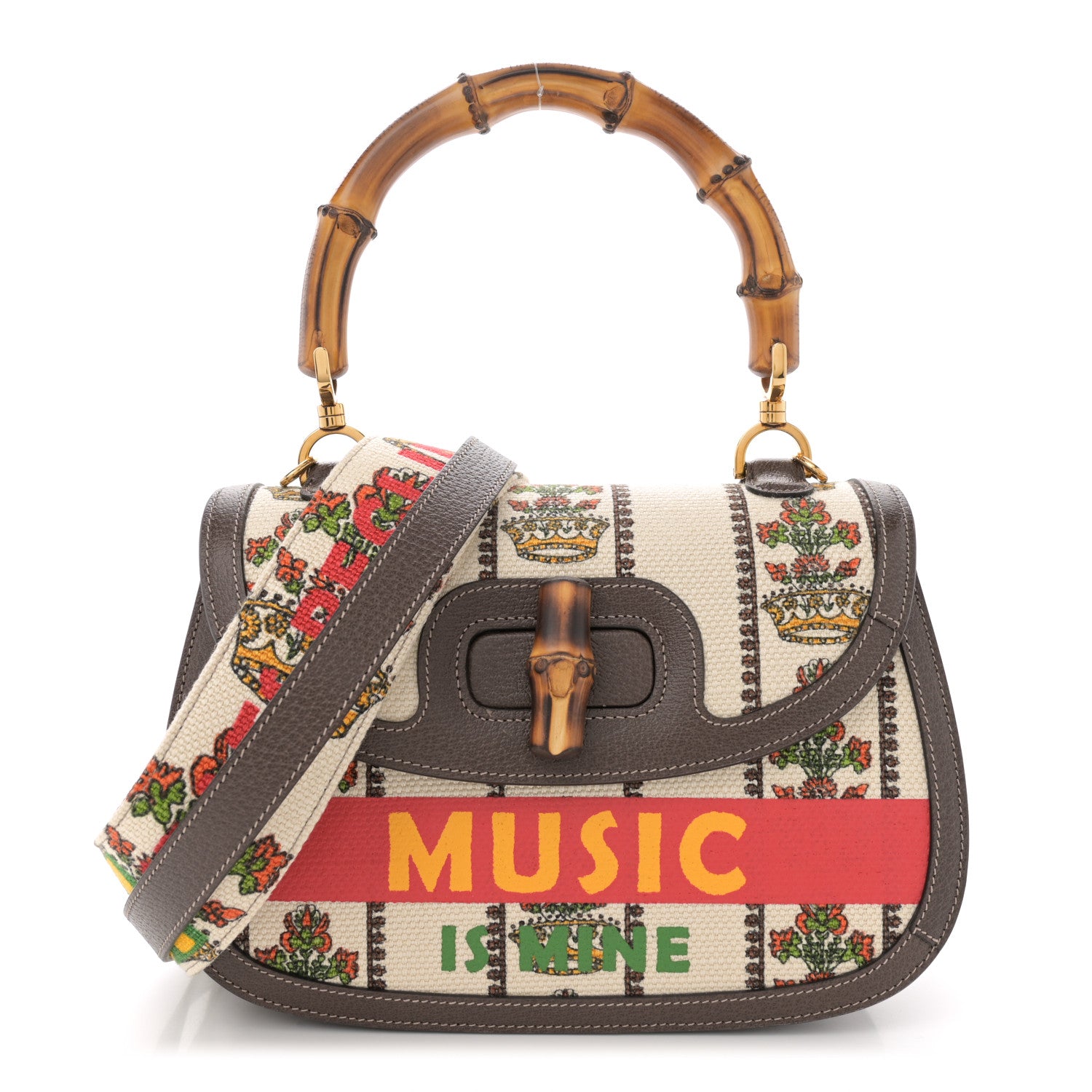 Gucci Canvas Calfskin 100 Centennial Music Medium Bamboo 1947 Top Handle Bag Multicolor 1 of 11