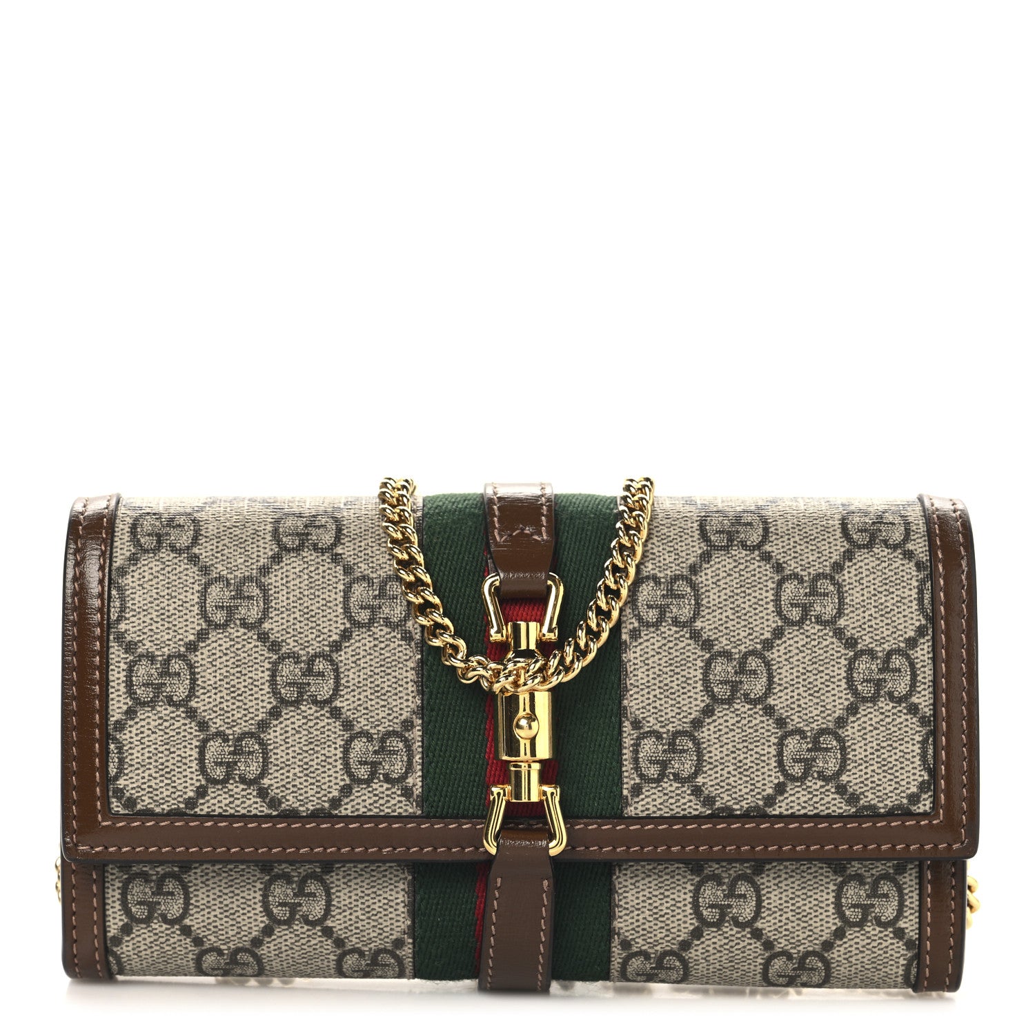 Gucci GG Supreme Monogram Azalea Calfskin Web Jackie 1961 Chain Wallet Beige Ebony Brown Sugar 1 of 11