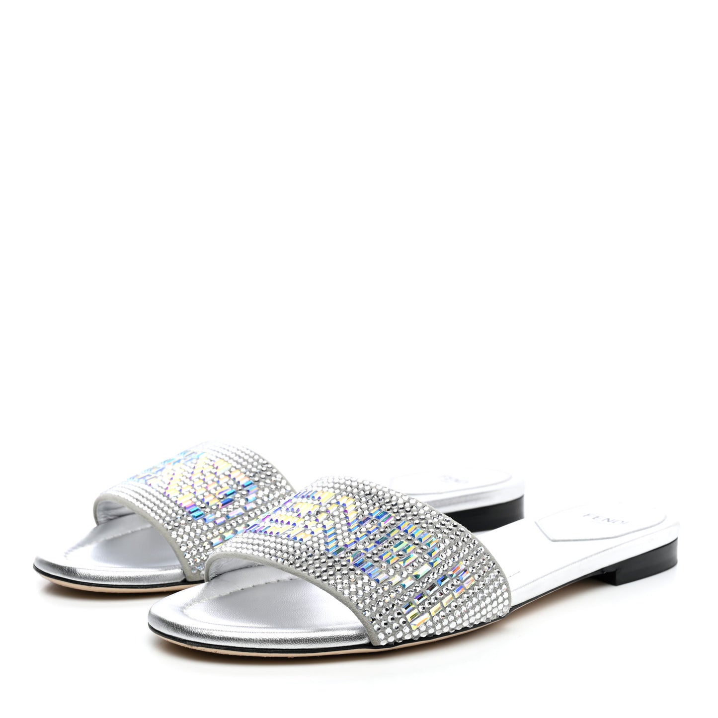 Laminated Goatskin Baguette Crystal Embroidered Signature Flat Slide Sandals 39 Silver