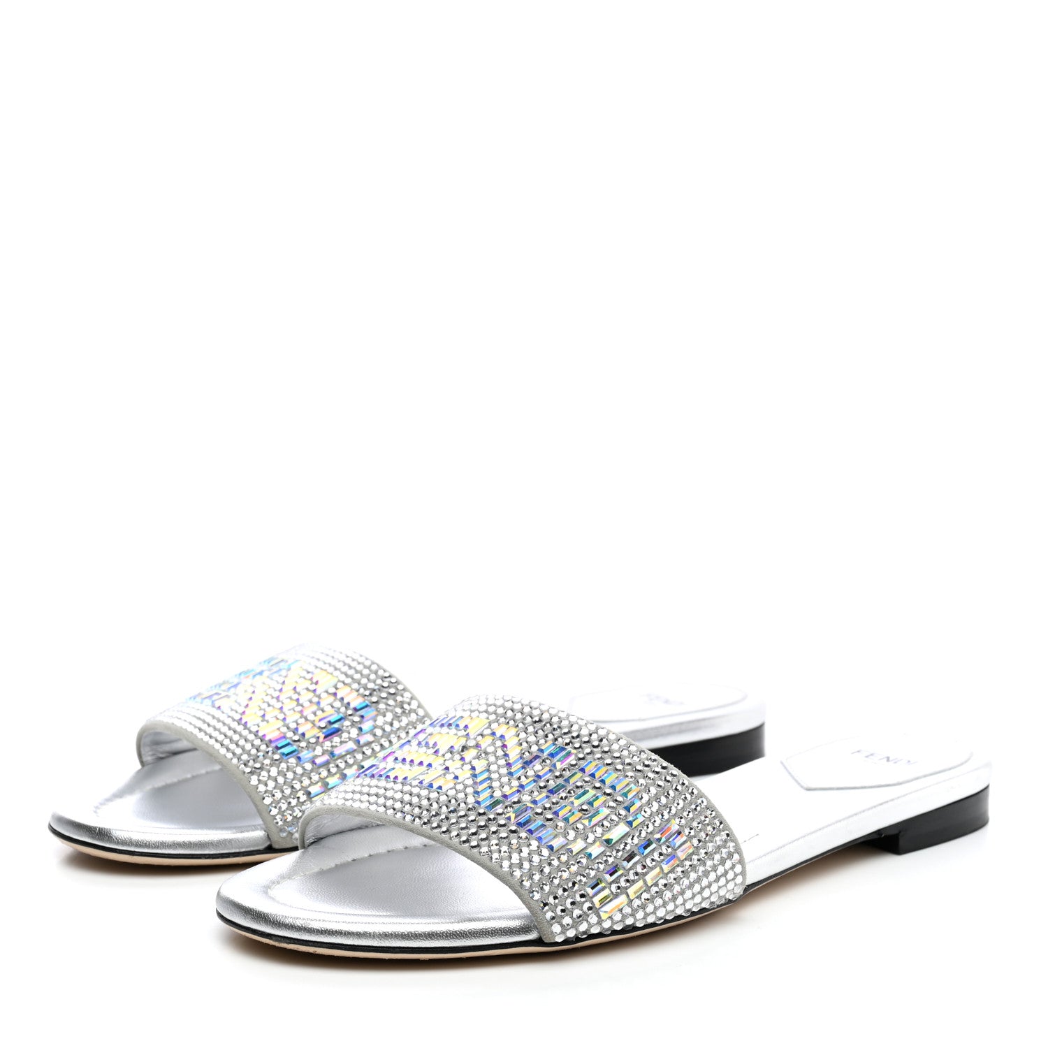 Fendi Laminated Goatskin Baguette Crystal Embroidered Signature Flat Slide Sandals 39 Silver 3 of 11