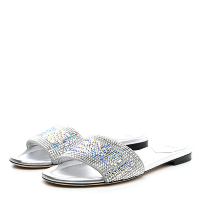Fendi Laminated Goatskin Baguette Crystal Embroidered Signature Flat Slide Sandals 39 Silver 3 of 11