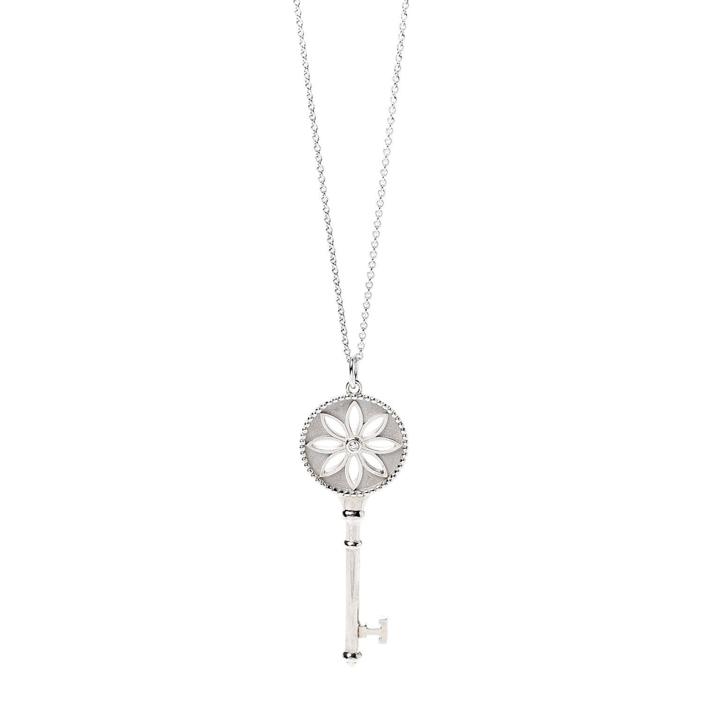 Sterling Silver Diamond Large Daisy Key Pendant Necklace