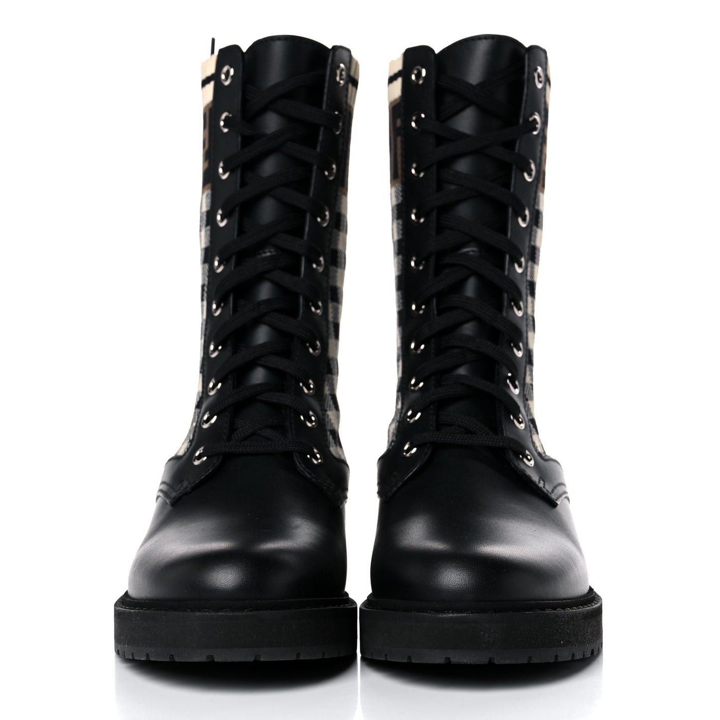 Vitello Stretch Fabric Vichy FF Rockoko Sock Combat Boots 38 Black Crema Tobacco