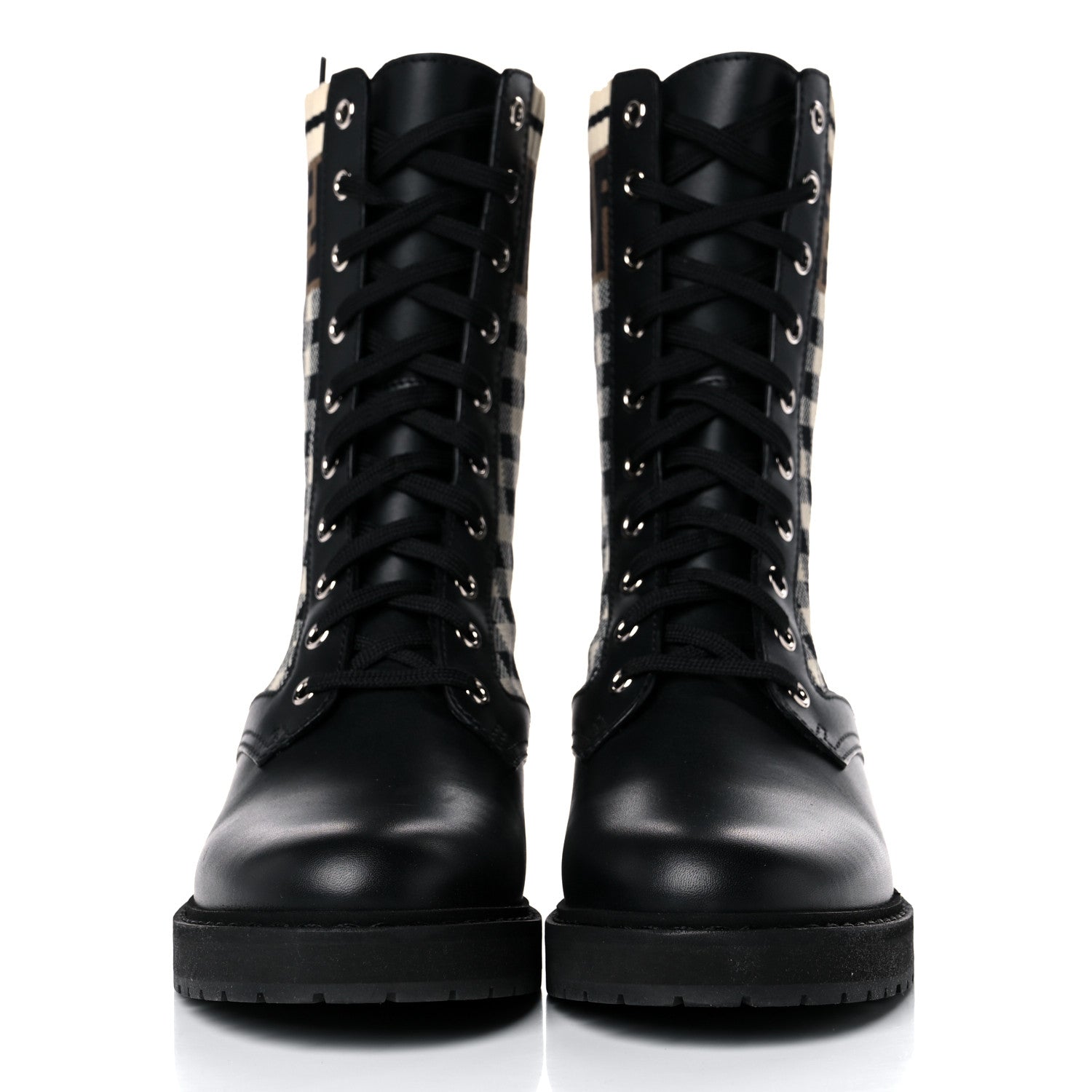 Fendi Vitello Stretch Fabric Vichy FF Rockoko Sock Combat Boots 38 Black Crema Tobacco 2 of 8