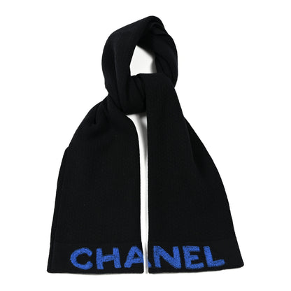 Chanel Cashmere Wool Logo Scarf Black Blue 1 of 3