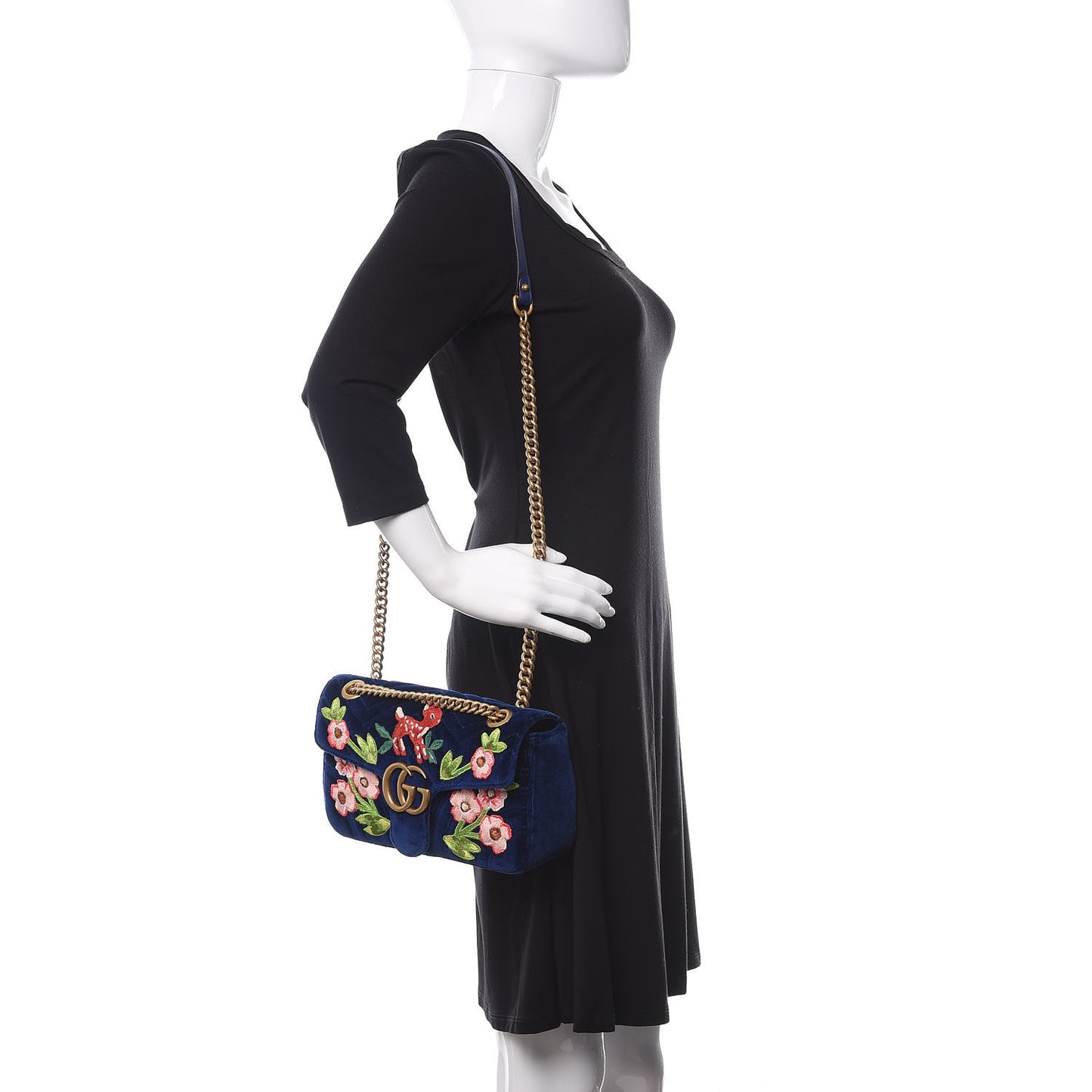 Velvet Matelasse Deer Embroidered Small GG Marmont Shoulder Bag Cobalt