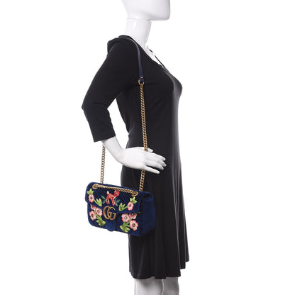 Gucci Velvet Matelasse Deer Embroidered Small GG Marmont Shoulder Bag Cobalt 2 of 8