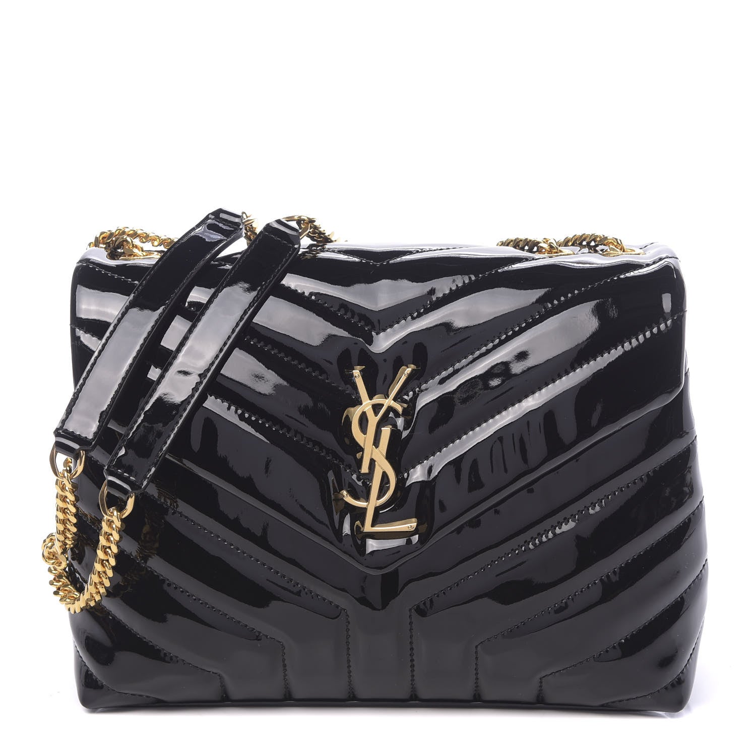 Saint Laurent Patent Y Quilted Monogram Small Loulou Chain Satchel Black 1 of 10