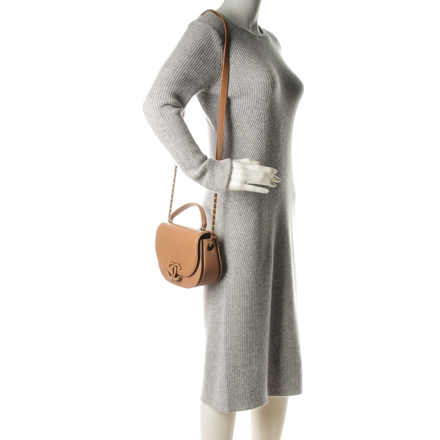 Shiny Calfskin Goatskin Quilted Small Coco Curve Messenger Flap Beige