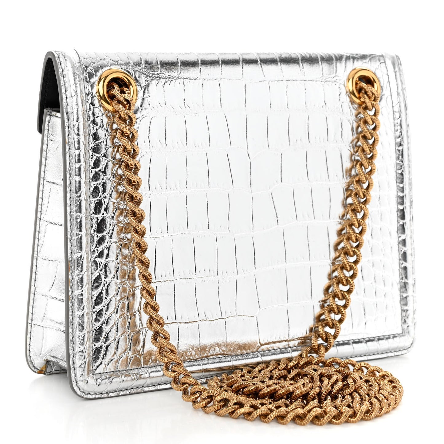 Metallic Calfskin Crocodile Embossed Mini Devotion Envelope Bag Silver