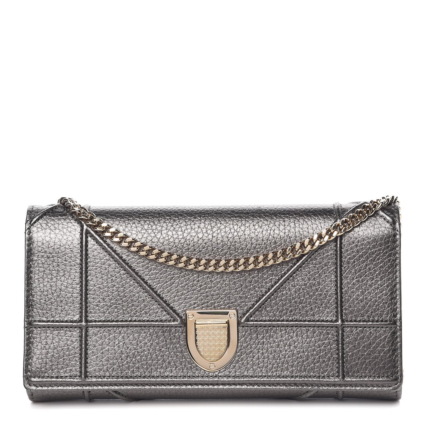 Metallic Grained Calfskin Diorama Croisiere Chain Wallet Gunmetal Grey