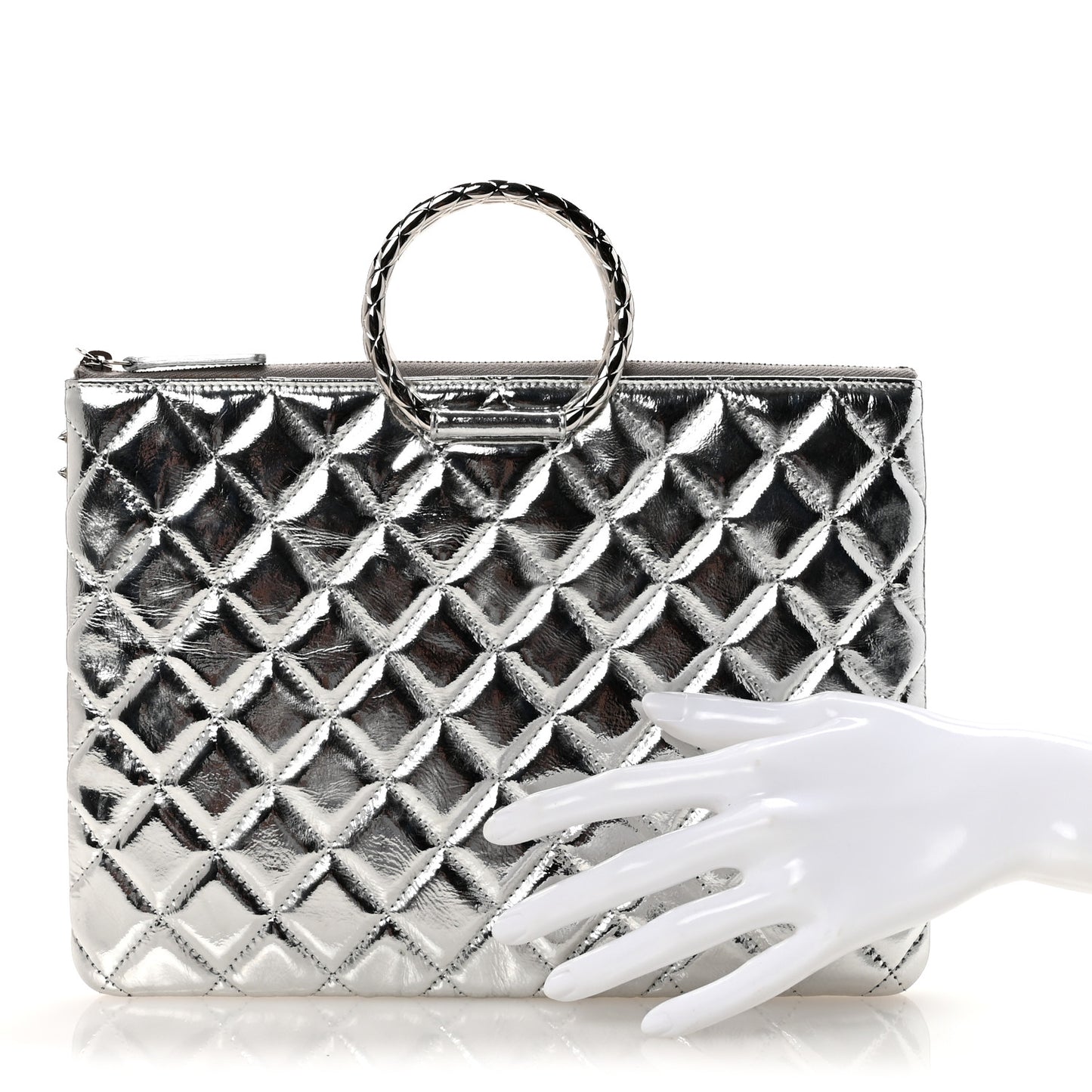Metallic Aged Calfskin Quilted Round Handle Clutch Silver