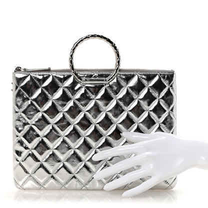Chanel Metallic Aged Calfskin Quilted Round Handle Clutch Silver 2 of 7